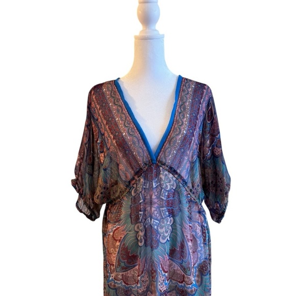 Angie Boho Sheer Paisley Dress Medium Deep V Empire Waist Peasant Sleeve - Picture 2 of 4